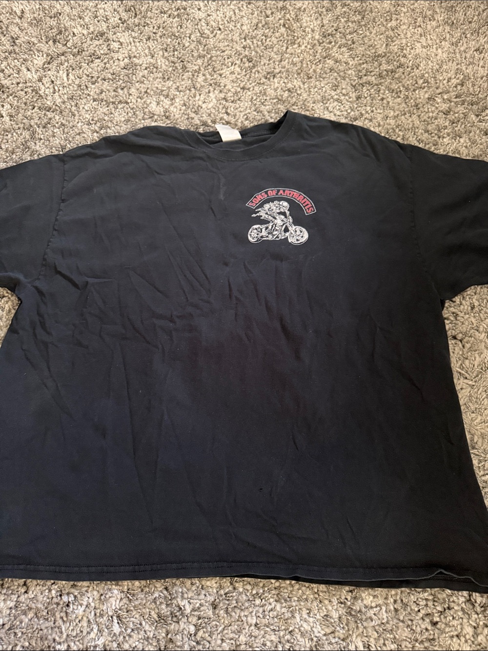 Gildan Black Short Sleeve Tee with Small Motorcycle Patch and Red Accent